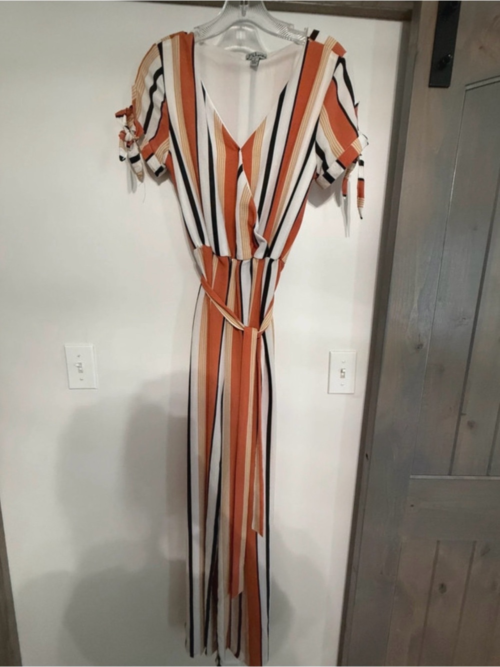 J for Justify Orange, White & Black Striped V-Neck jumpsuit